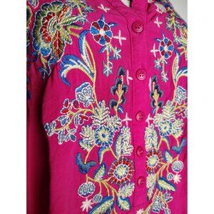 Luna Moon Large Pink Heavily Embroidered Tunic Top Button Tap Sleeve Boho V Neck